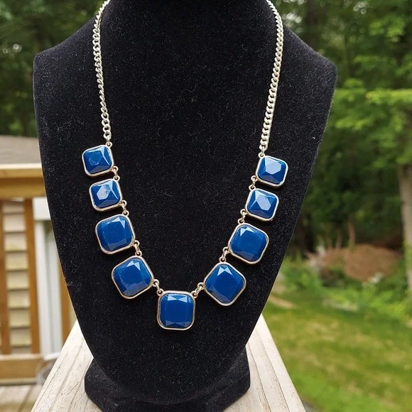 Cobalt Blue Square Stone Statement Chunky Necklace - Picture 4 of 11
